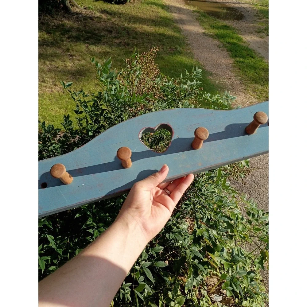 Rustic Blue Heart Wood Shelf Cottage Core 6 Peg 23